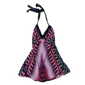 Y2K Vintage Retro Black & Pink Tribal Size Large Festival Boho Beaded Halter Top